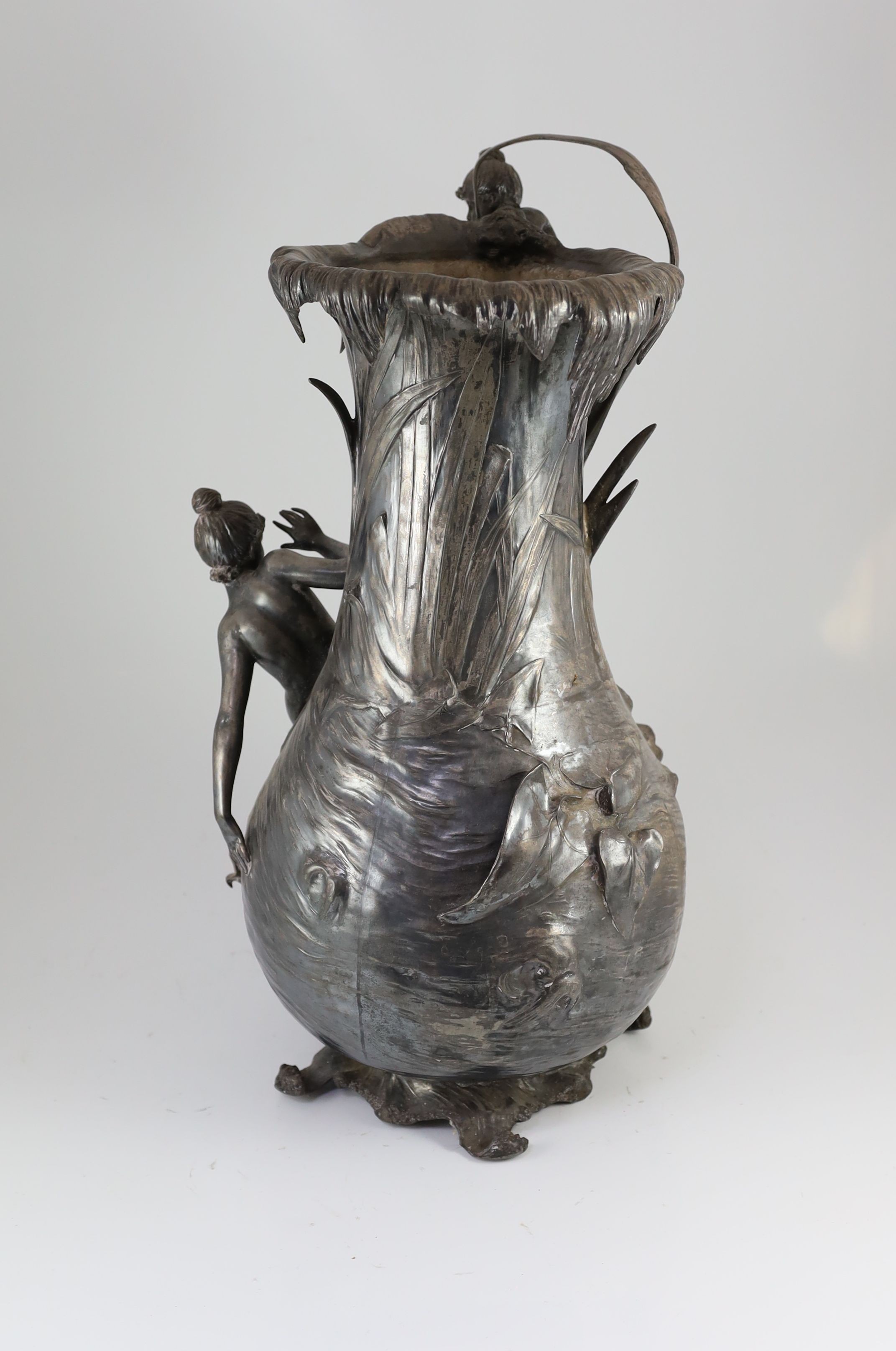 An unusually large WMF Art Nouveau silvered pewter vase, height 57cm